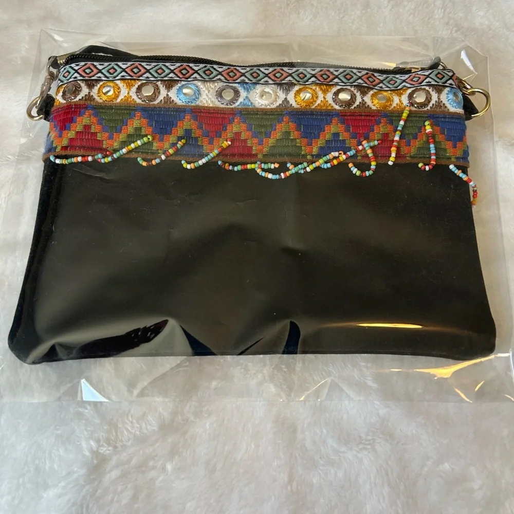 Boho Black Suede Crossbody Bag with Multicolor Beaded Trim - Picture 14 of 14
